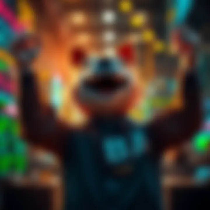A happy trader raises their hands in celebration after selling Shiba and Pepe tokens, showing excitement about their profits and market insights.
