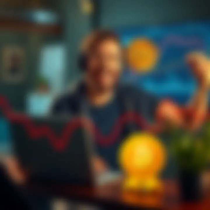 A happy trader with a laptop, showing a growing graph and a $100K badge, symbolizing financial success in crypto trading.