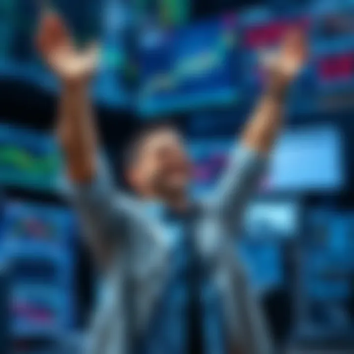 Trader celebrating a win A stock trader smiles and raises his hands in excitement after a successful trade, surrounded by charts and graphs on multiple screens.