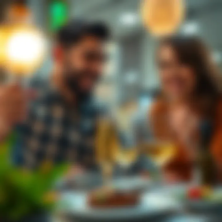 Trader celebrating with wife over steak dinner A happy couple enjoying a steak dinner together, celebrating successful crypto investments.