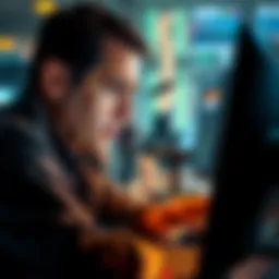 A distressed trader looking at a computer screen, reflecting on financial losses with a worried expression.