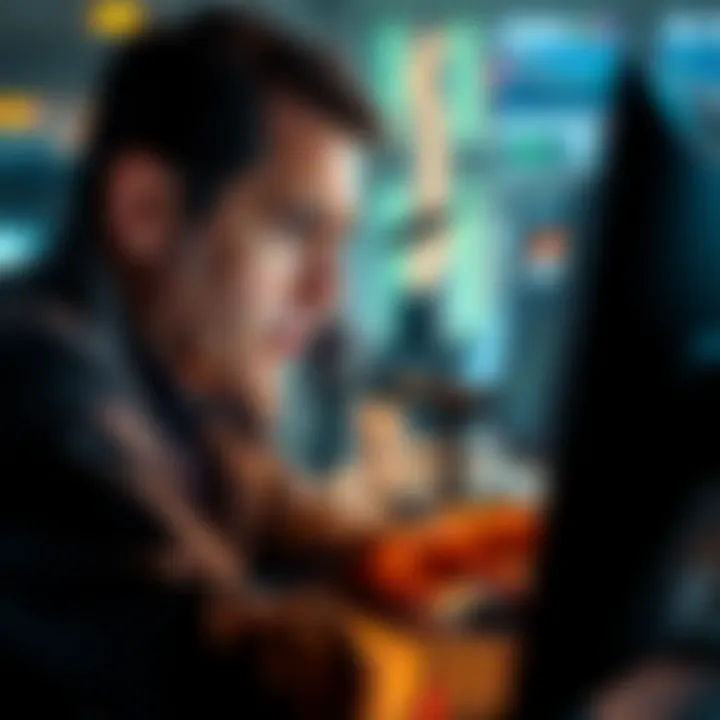 A distressed trader looking at a computer screen, reflecting on financial losses with a worried expression.