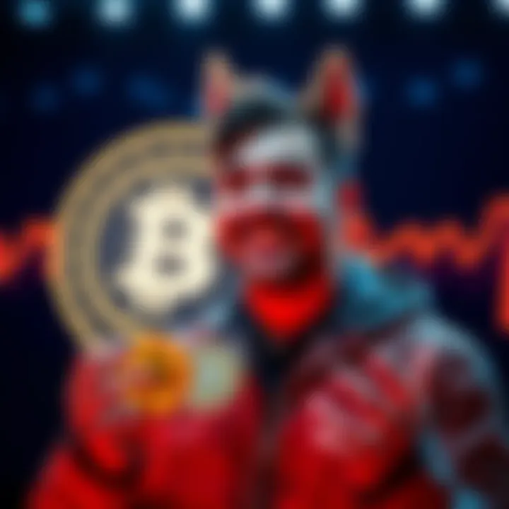 A cryptocurrency trader smiling while holding DOGE coins with ETH logo in the background