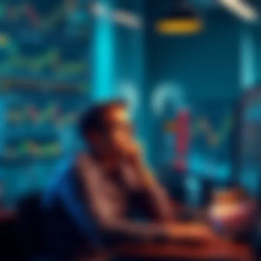 A trader sits at a desk with multiple screens displaying cryptocurrency charts, showing concern over recent losses. The setting reflects a tense atmosphere of trading.