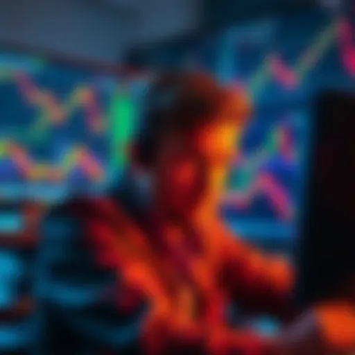 Trader looks frustrated at a computer screen showing stagnant crypto prices while stock charts rise in the background.
