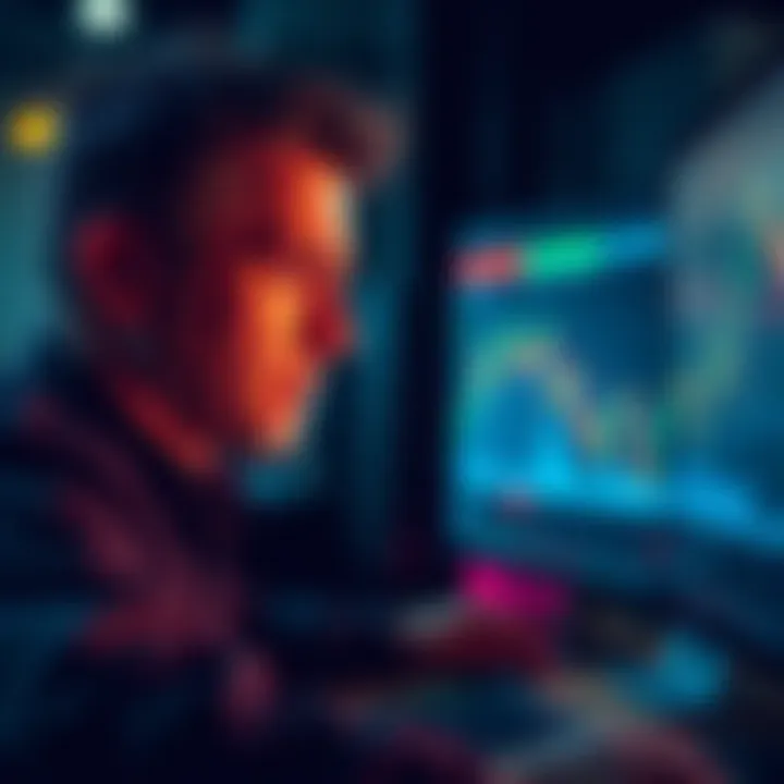 A trader looks worried while staring at a computer screen showing declining cryptocurrency prices, symbolizing the emotional turmoil of recent liquidation.