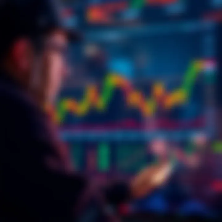 A trader monitoring a cryptocurrency chart with a focus on price changes, showing a graph with spikes indicating sudden price increases.