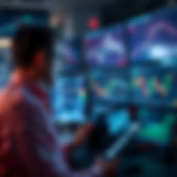 Trader contemplating decision A trader looking at charts and graphs on multiple screens, weighing options to sell or hold investments.