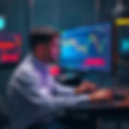 A trader sits at a desk, staring at a computer screen displaying declining cryptocurrency charts, reflecting feelings of uncertainty and emotional toll from market changes.