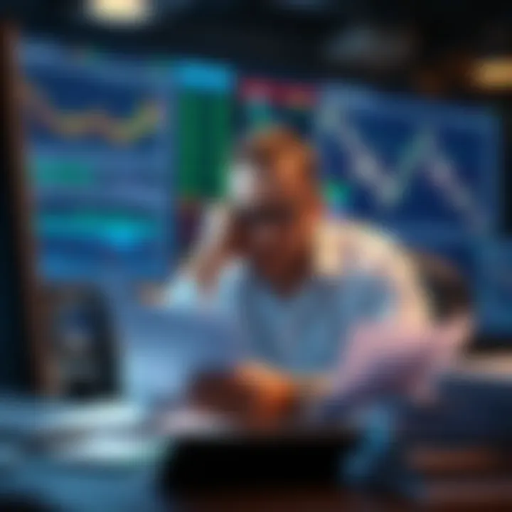 A trader sitting at a desk, appearing stressed while reviewing trading charts and documents related to Blofin and BitUnix losses