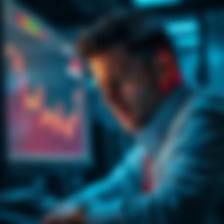 A frustrated trader looks at a screen showing declining charts and a significant loss, symbolizing struggles in trading and margin calls. The atmosphere conveys tension and uncertainty in the market.
