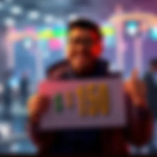 A trader with a big smile, holding a sign that says $150, symbolizing the achievement of their first trading target.