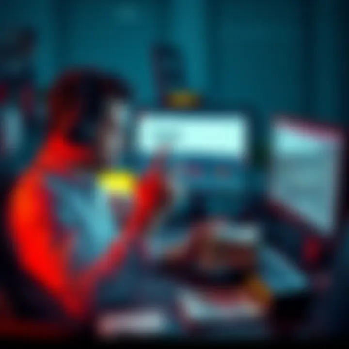 A trader sits at a desk, looking worried while checking their computer screen, which displays a message about their account being frozen, with a pile of cash and trading charts on the desk.
