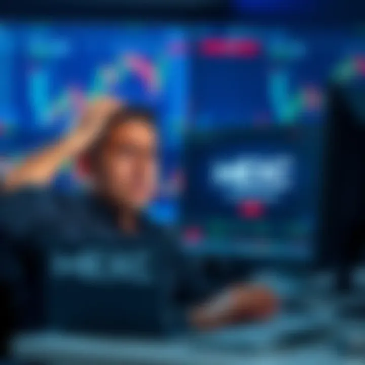 A trader shows frustration while looking at a computer screen displaying the MEXC logo and an account freeze message, with a background of a chart showing market data