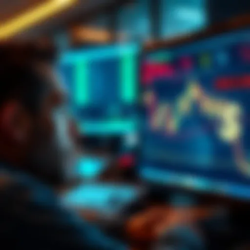 A trader looking frustrated at a computer screen showing a declining stock chart, with dollar signs nearby representing greed. The screen's glow reflects the trader's intense focus and emotional strug...