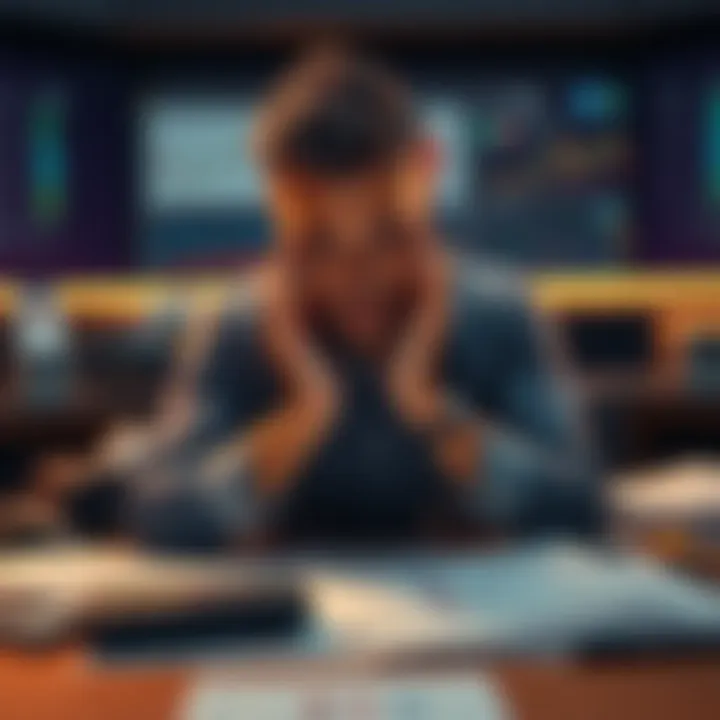 A distressed trader sitting at a desk surrounded by financial documents and a calculator, looking overwhelmed by tax debt issues.