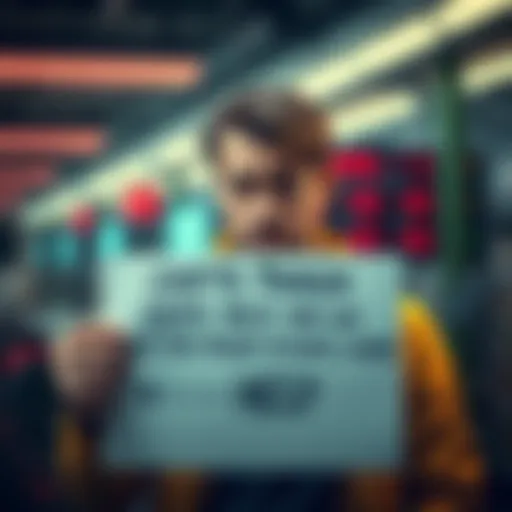 A distressed man holding a sign asking for financial help after losing money in futures trading, looking worried and sad.