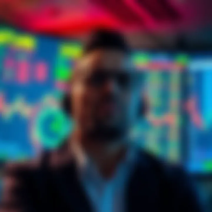 Trader experiencing high emotions A trader looks stressed while monitoring multiple screens showing fluctuating stock prices, representing high leverage and FOMO.