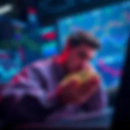 A trader contemplating whether to hold or sell XRP investment, surrounded by charts and trading tools