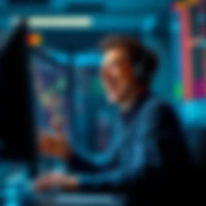 A frustrated trader looking at the market trends on a computer screen while laughing at unexpected market reactions.