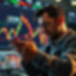 Trader Frustrated with App Logout A frustrated trader looking at a smartphone with a logout screen during a trading session, showing a market graph in the background