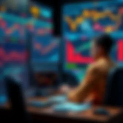 A trader sitting at a desk, staring at multiple screens displaying crypto market charts and data, showing confusion and concern