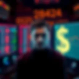 A frustrated trader looking at multiple screens showing different blockchain prices, with a dollar sign fading away in the background.