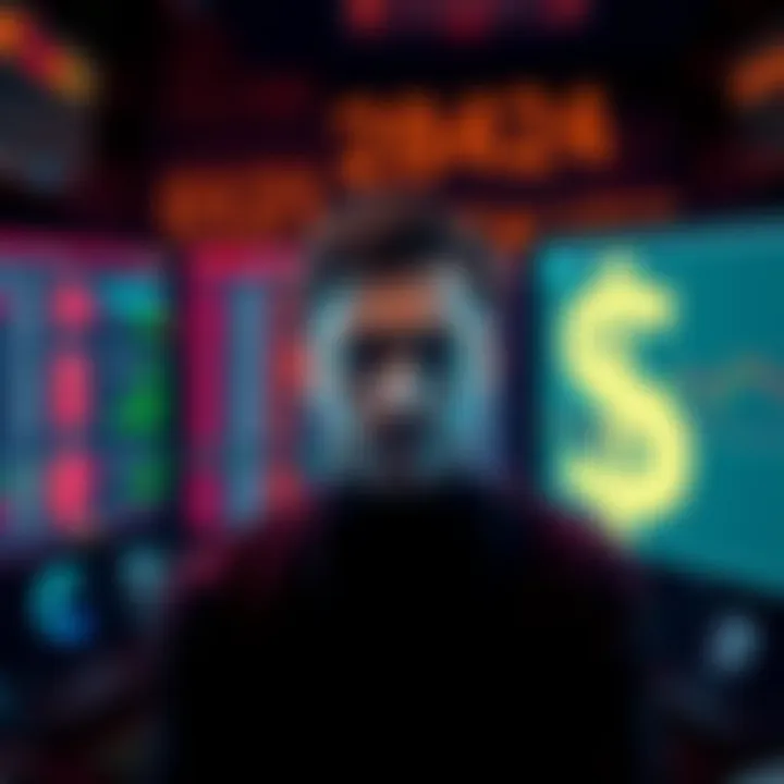 A frustrated trader looking at multiple screens showing different blockchain prices, with a dollar sign fading away in the background.
