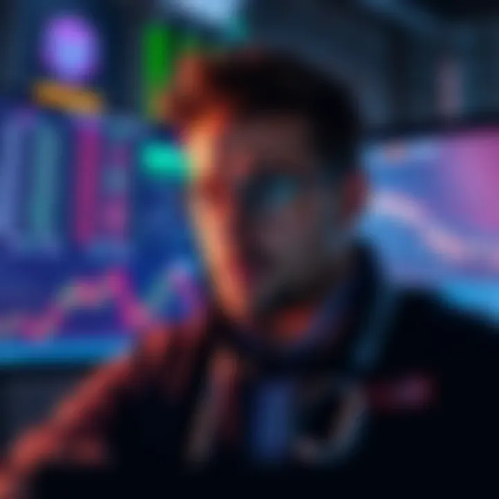 A trader with a concerned expression looking at a screen showing a decline in futures trading graph