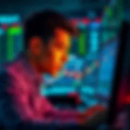 Trader managing crypto investments A person looking at their computer screen, focused on managing cryptocurrency trades and tracking market trends.