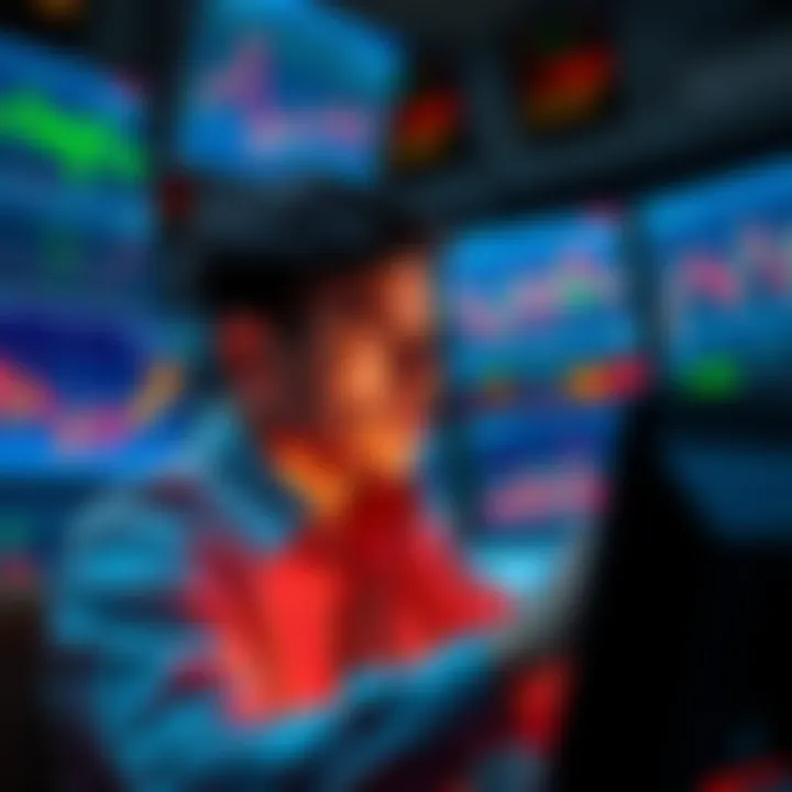 A trader monitoring volatile market charts on multiple screens, showing emotional stress and focus while keeping a calm demeanor.