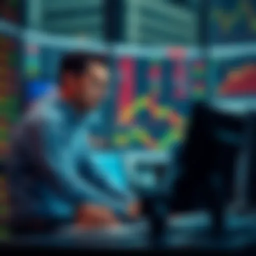 A trader sitting at a desk, looking focused while analyzing stock charts, with a calm expression and avoiding distractions.