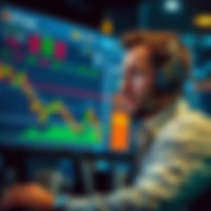 A trader looks distressed while monitoring a market graph showing a sharp decline in Bitcoin prices, indicating significant losses in trading.
