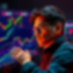 A trader looking at cryptocurrency charts with a focused expression, reflecting on market changes after a drop, surrounded by graphs indicating a recovery