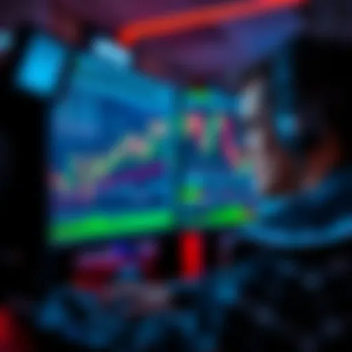 A trader focused on a computer screen displaying cryptocurrency charts and data, emphasizing the importance of discipline in trading,