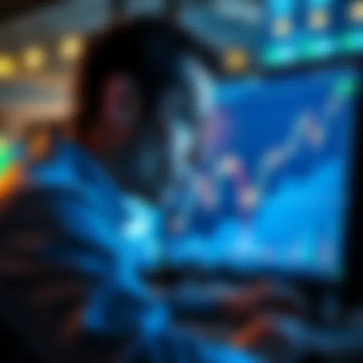 A worried trader stares at a computer screen showing a steep decline in investment value, symbolizing loss of savings due to high leverage trading.