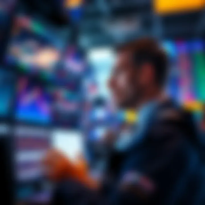 A trader looks concerned while monitoring stock prices on multiple screens, reflecting the tension in the market after a small dip.
