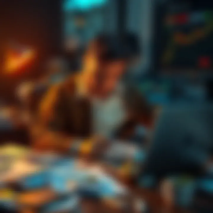 A trader sitting at a desk, looking worried while checking cryptocurrency charts on a laptop, with papers scattered around, symbolizing financial strain and emotional distress.