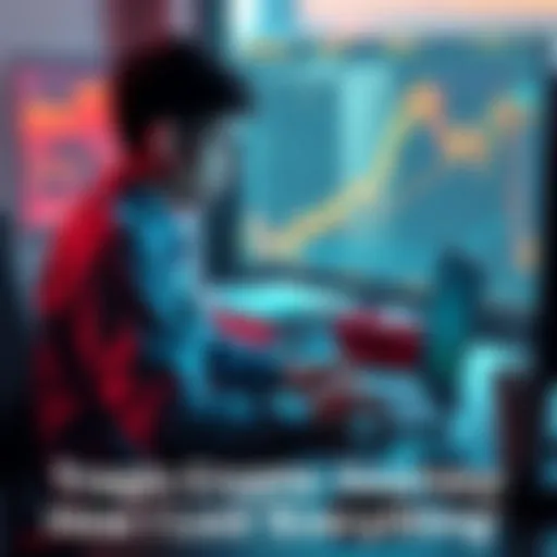 A person sitting at a desk with a laptop, looking distressed while staring at financial graphs illustrating a downward trend in cryptocurrency values.