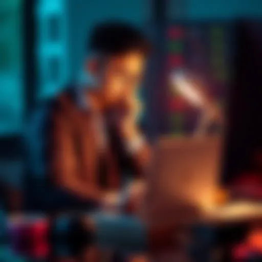 A cryptocurrency trader sitting at a desk with a laptop, looking contemplative as they reflect on previous financial losses and considering future strategies.