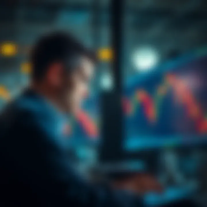 A trader looks stressed while analyzing stock charts on a computer screen, highlighting the impact of market downturns.