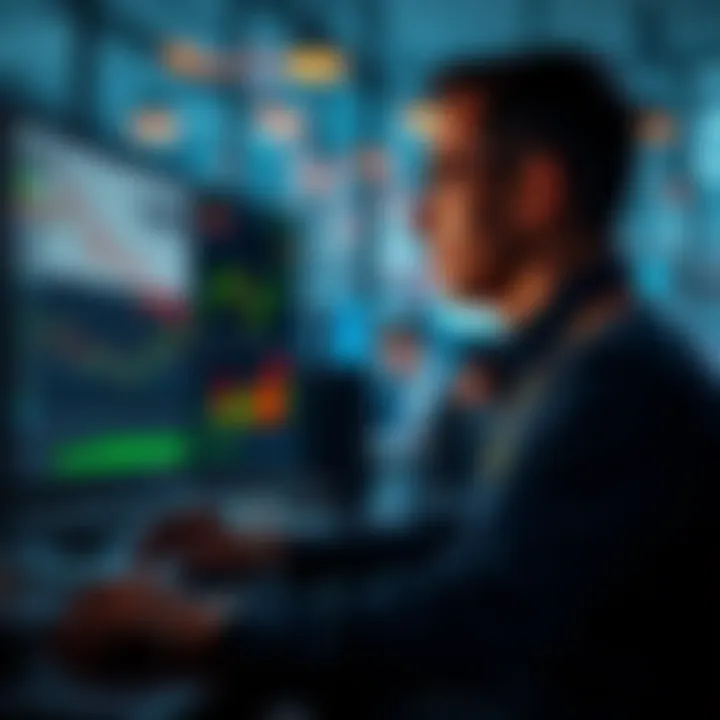 A trader looking at a computer screen with charts showing declining coin value, pondering past investment choices.