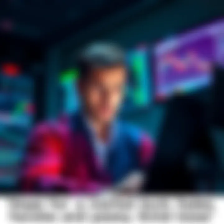 A trader looks worried while analyzing financial charts showing declining market trends and losses.