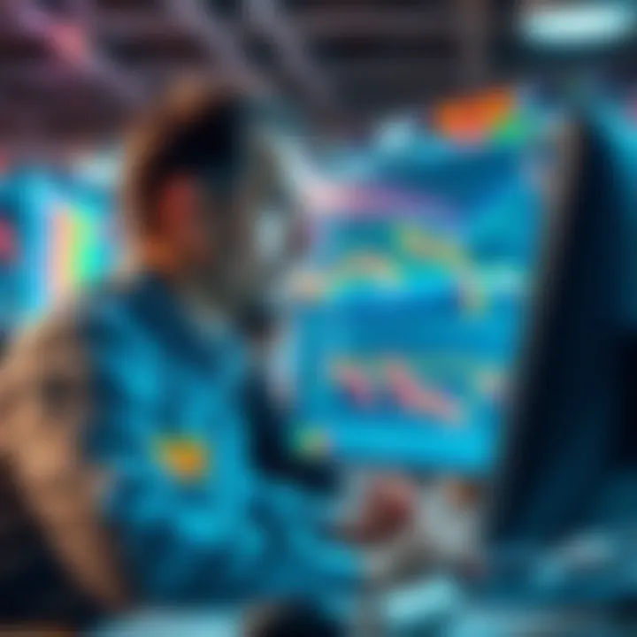 A trader studying stock charts on a computer, showing graphs and data, with a thoughtful expression.