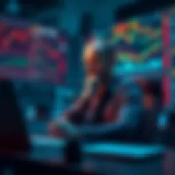 A thoughtful trader sits at a desk surrounded by financial charts and a laptop, looking concerned about recent losses.