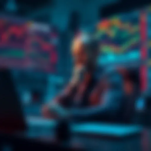 A thoughtful trader sits at a desk surrounded by financial charts and a laptop, looking concerned about recent losses.