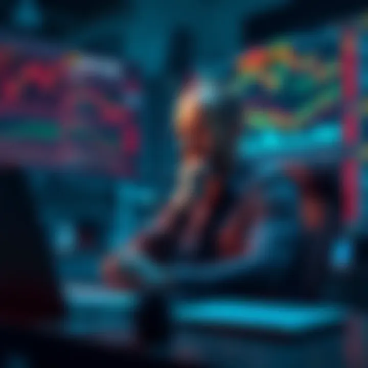 A thoughtful trader sits at a desk surrounded by financial charts and a laptop, looking concerned about recent losses.