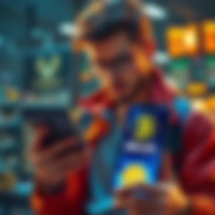 Trader Selling Pokémon Cards A trader holding a box of Pokémon cards, looking at a Bitcoin logo on a phone screen, showcasing his decision to invest.