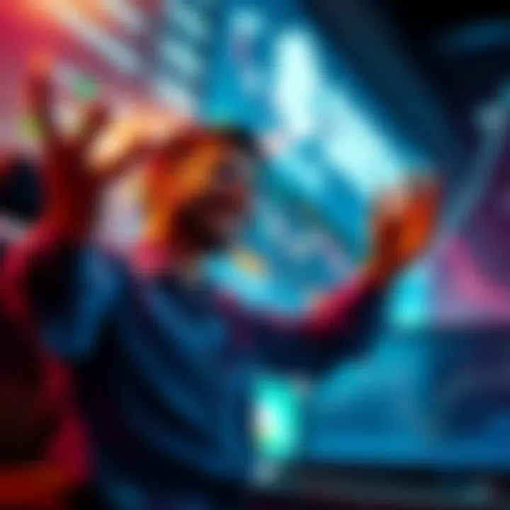 A trader looking at a graph showing a massive rise in SIREN's value, with a big smile and raised hands in excitement.