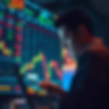A trader analyzing a stock chart with falling numbers, showing signs of frustration and concern over selling decisions.